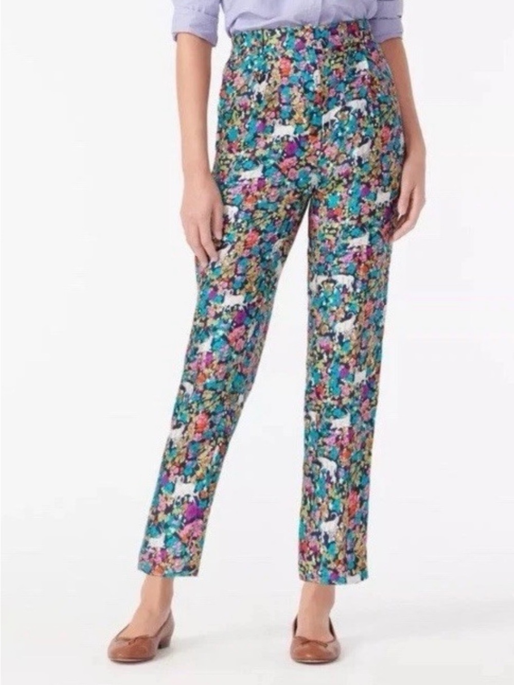 J. Crew Teal Multi Floral Cropped Straight-Leg Pants with Goat Design